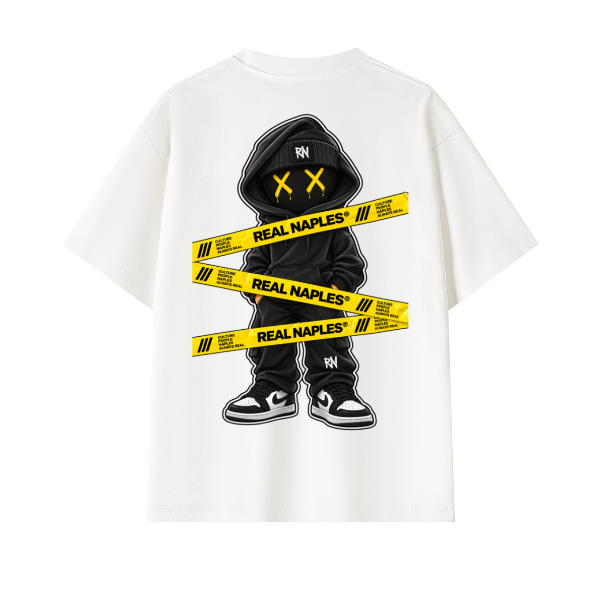 T-shirt oversize bianca cotone real naples con maxi stampa tipo off White e logo nero 