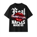 T-shirt oversize nera cotone real naples con maxi stampa bocca rossetto 
