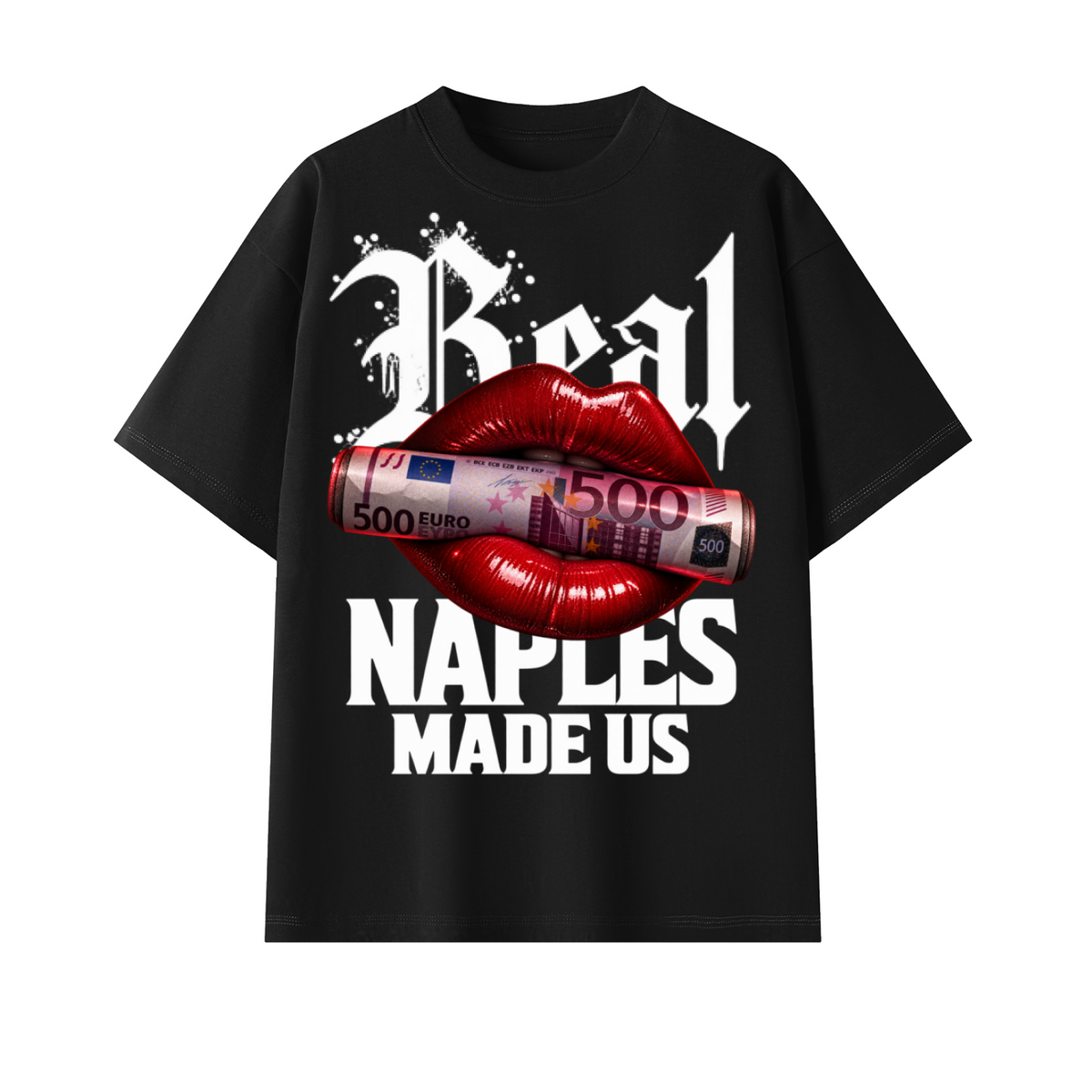 T-shirt oversize nera cotone real naples con maxi stampa bocca rossetto 
